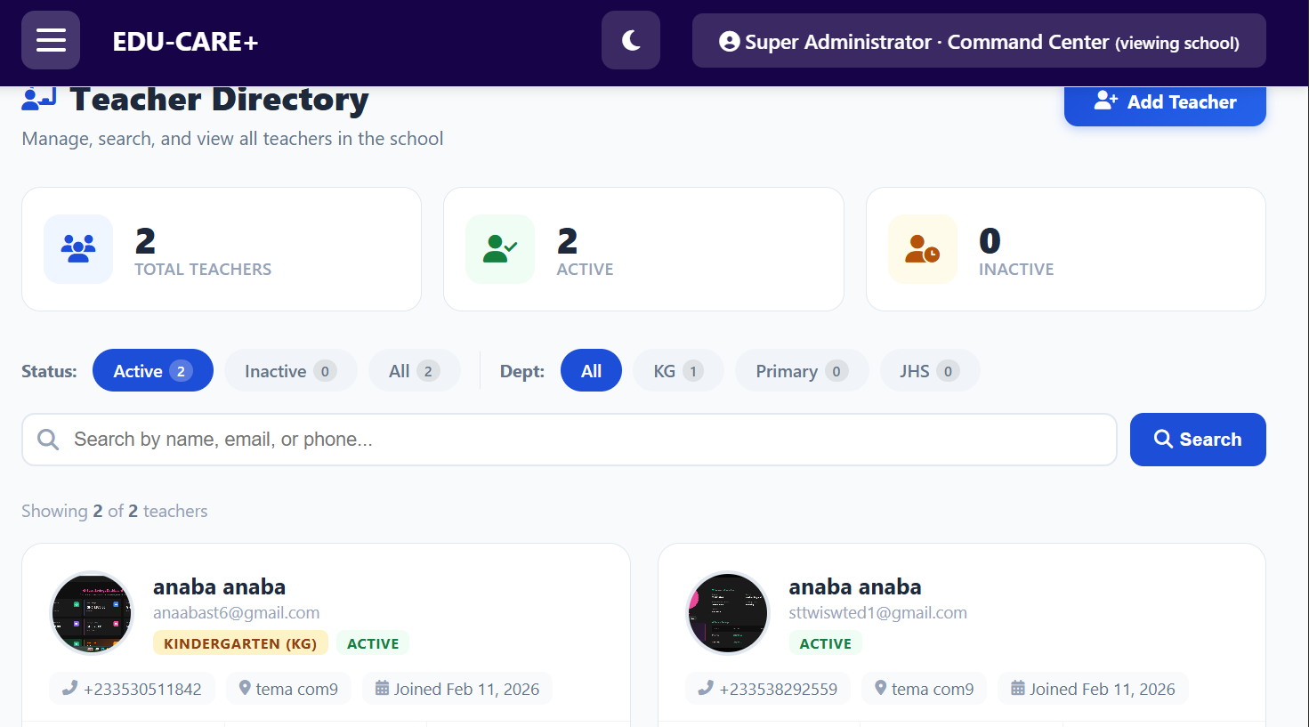 EDU-CARE: manage teachers and student data in one place